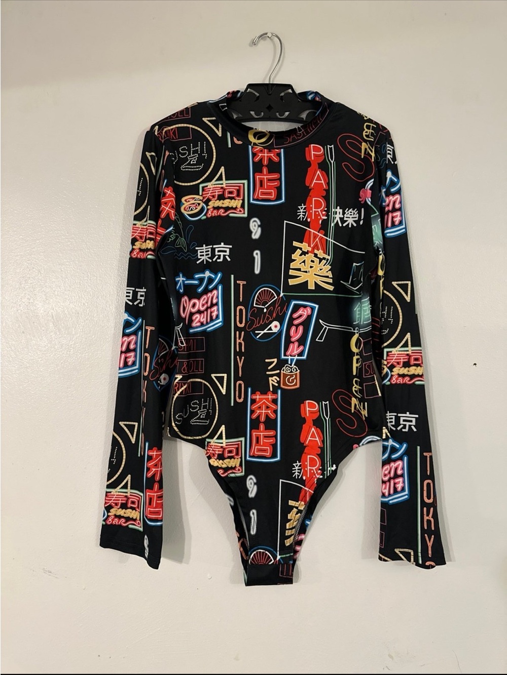 Neon Tokyo Print Long Sleeve Bodysuit - Black